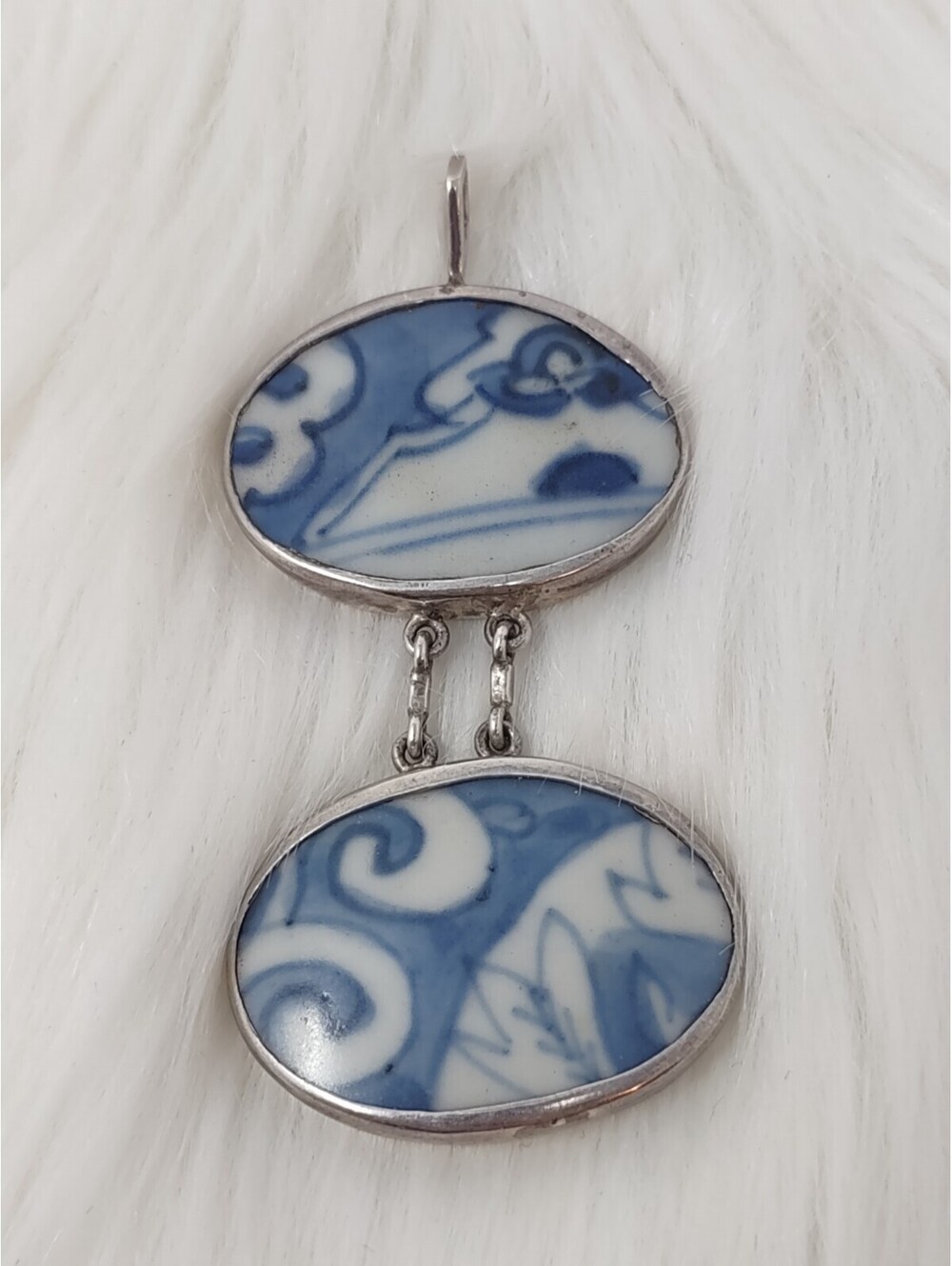 Sterling Silver Antique Chinese Porcelain Shard Pendant 925